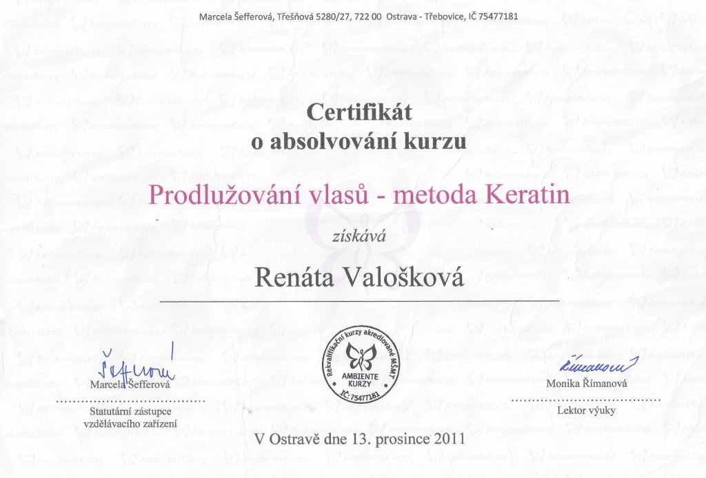 Valošková Renata, certifikáty k prodlužování vlasů metodou Kreatin