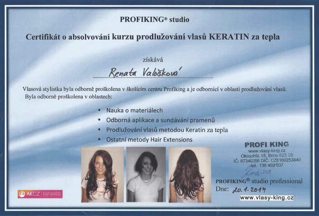 Valošková Renata, certifikáty k prodlužování vlasů metoudou Kratin za tepla